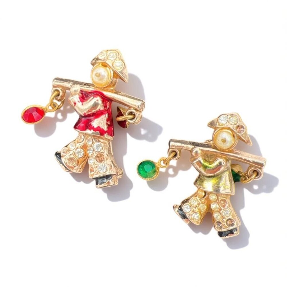 Asian Figural Carrier Brooch Gold Rhinestone Pearl Detail Vintage